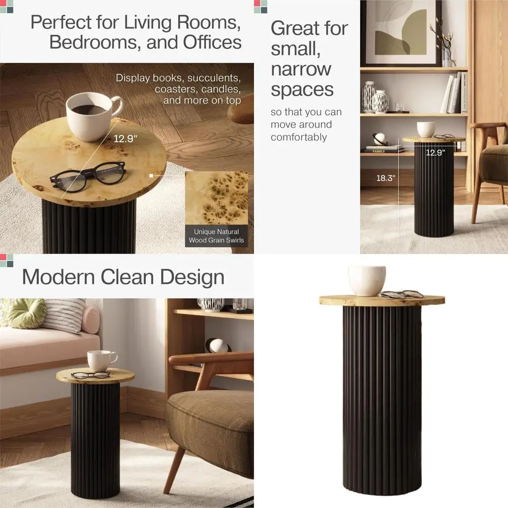 

13 Two-Tone Fluted End Table: Burl Wood & Black Oak, Modern Living/Bedroom Accent