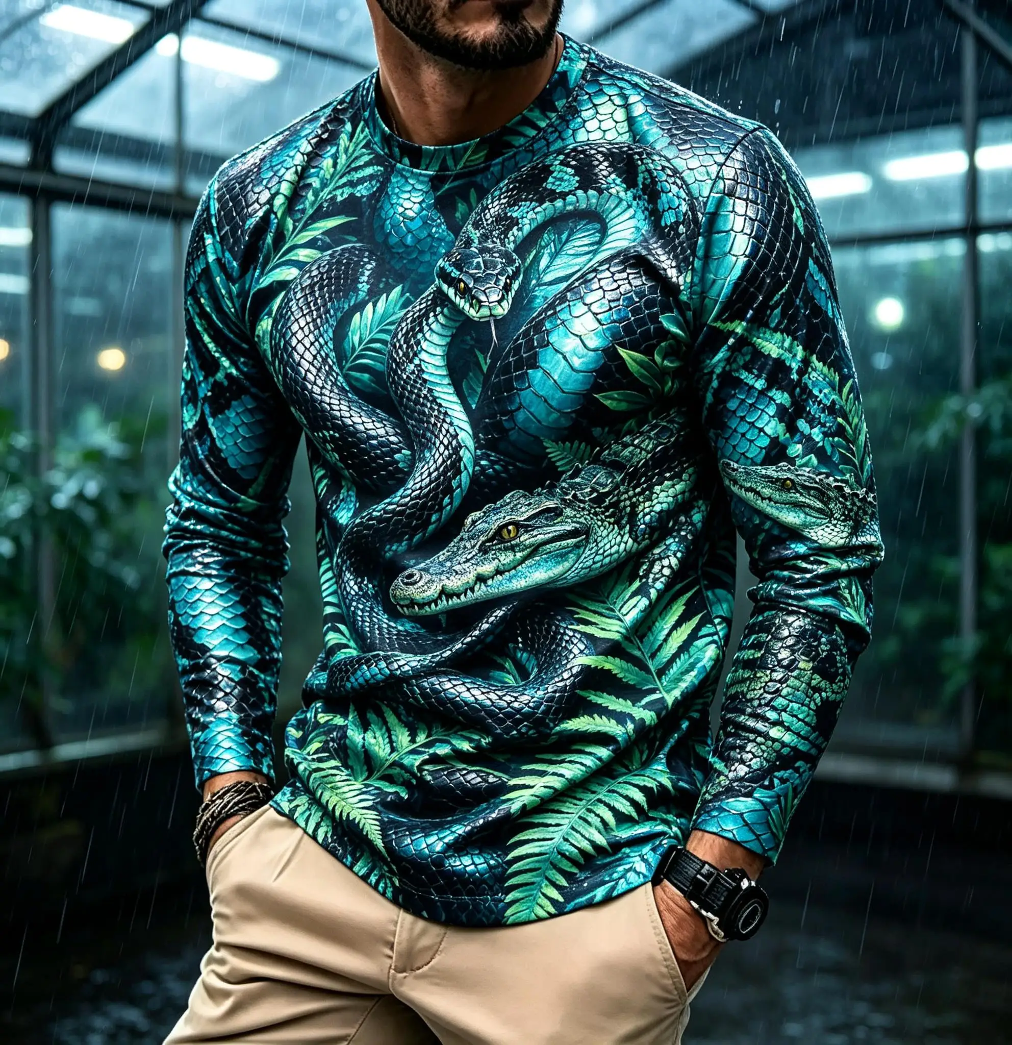 Realistic Golden Cobra Reptile Pattern Mens Long Sleeve Tee Snake Skin Texture Desert Wildlife All Over Print Top