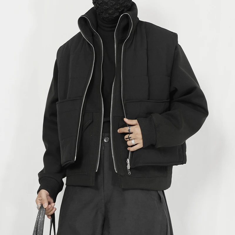 

Мужская тёмная одежда, стильное хлопковое пальто, куртка, зимний плотный шерстяной жилет, Двухслойное Бандажное платье, дизайнерское короткое