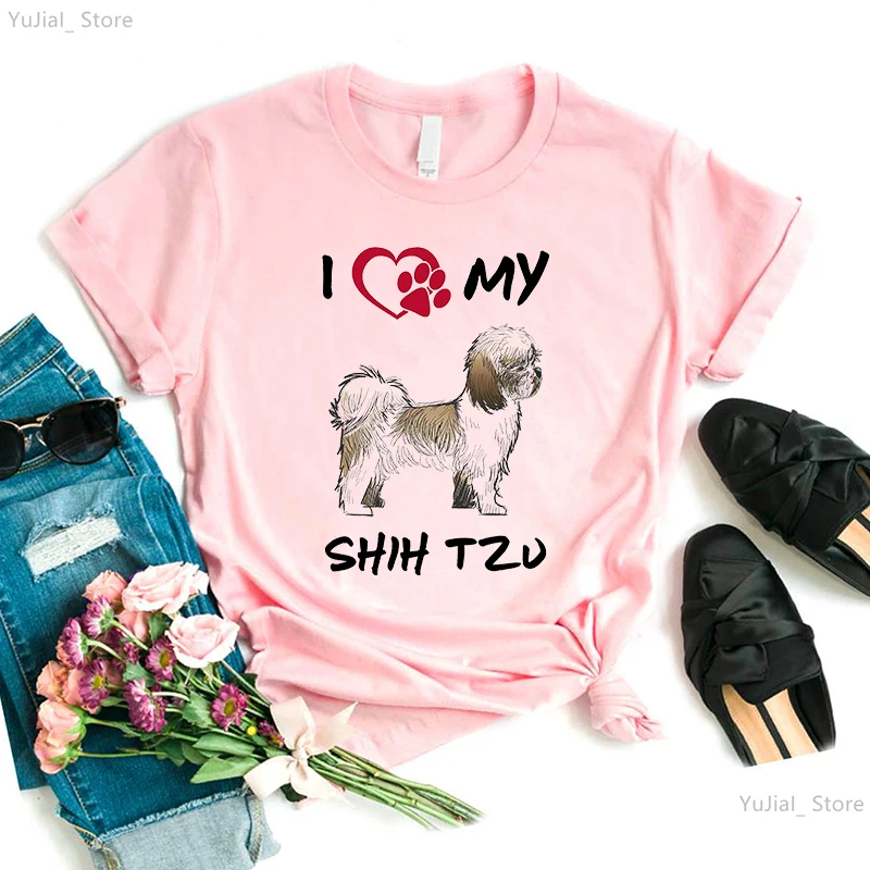 Shih Tzu Adorable Puppy Dog Graphic Print T-Shirt Women Clothes 2024 Funny Dog Mom Tshirt Femme Summer Fashion T Shirt Female