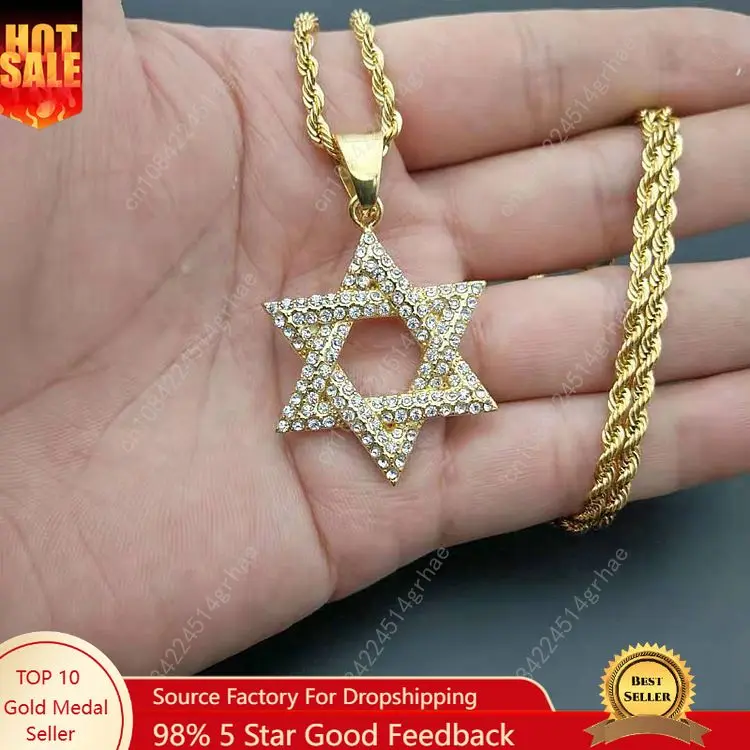 

New 1pcs Hip Hop Rhinestone Gold Color Stainless Steel Necklaces Jewish Star Of David Hexagram Pendant Necklace For Men Rapper