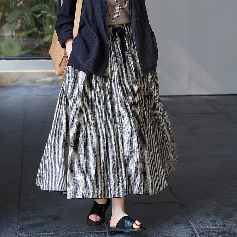สูงเอวผ้าฝ้ายลินินกระโปรงยาวผู้หญิงใหม่มาถึง 2025 ฤดูใบไม้ร่วงสไตล์วินเทจลายสก๊อตหลวมผู้หญิงสบายๆกระโปรง M1834
