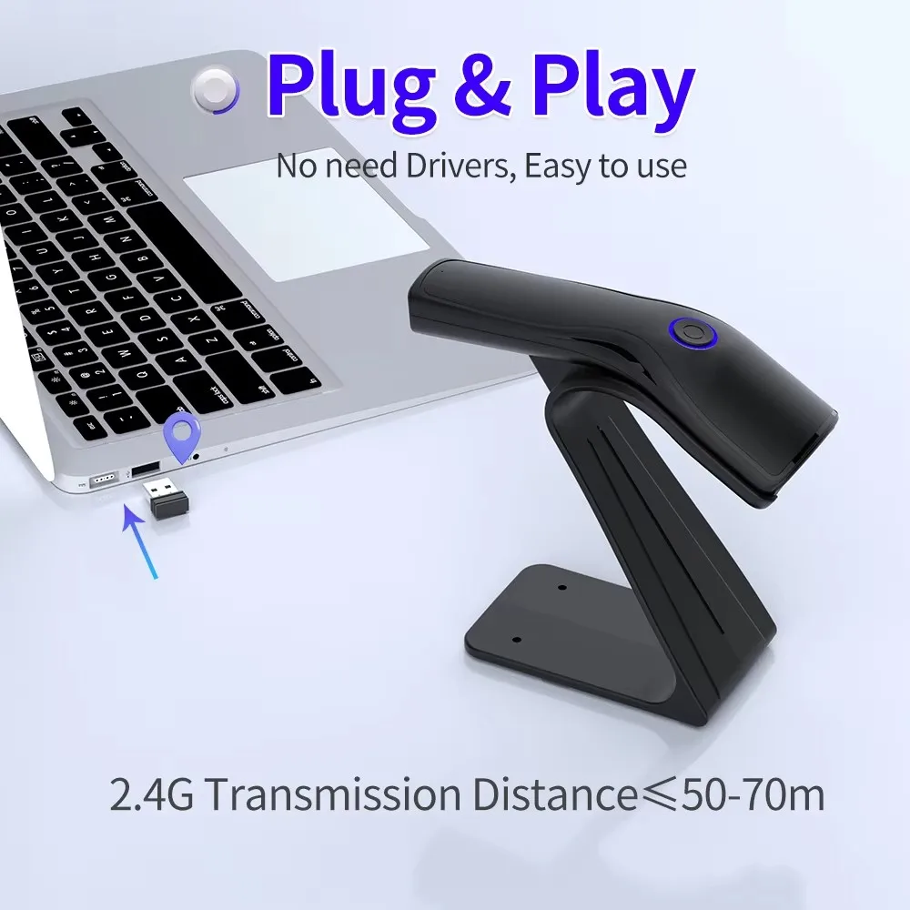Ручной считыватель штрих-кодов Bluetooth с автоматическим сканированием, считыватель QR-кодов 2,4G с подставкой