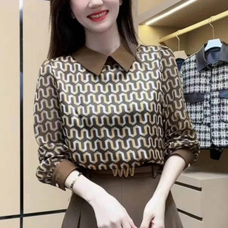 2024 Autumn Women\'s New Spliced Doll Neck Printed Button Fashion Loose Minimalist Casual All-match Long Sleeve Blouses Shirts