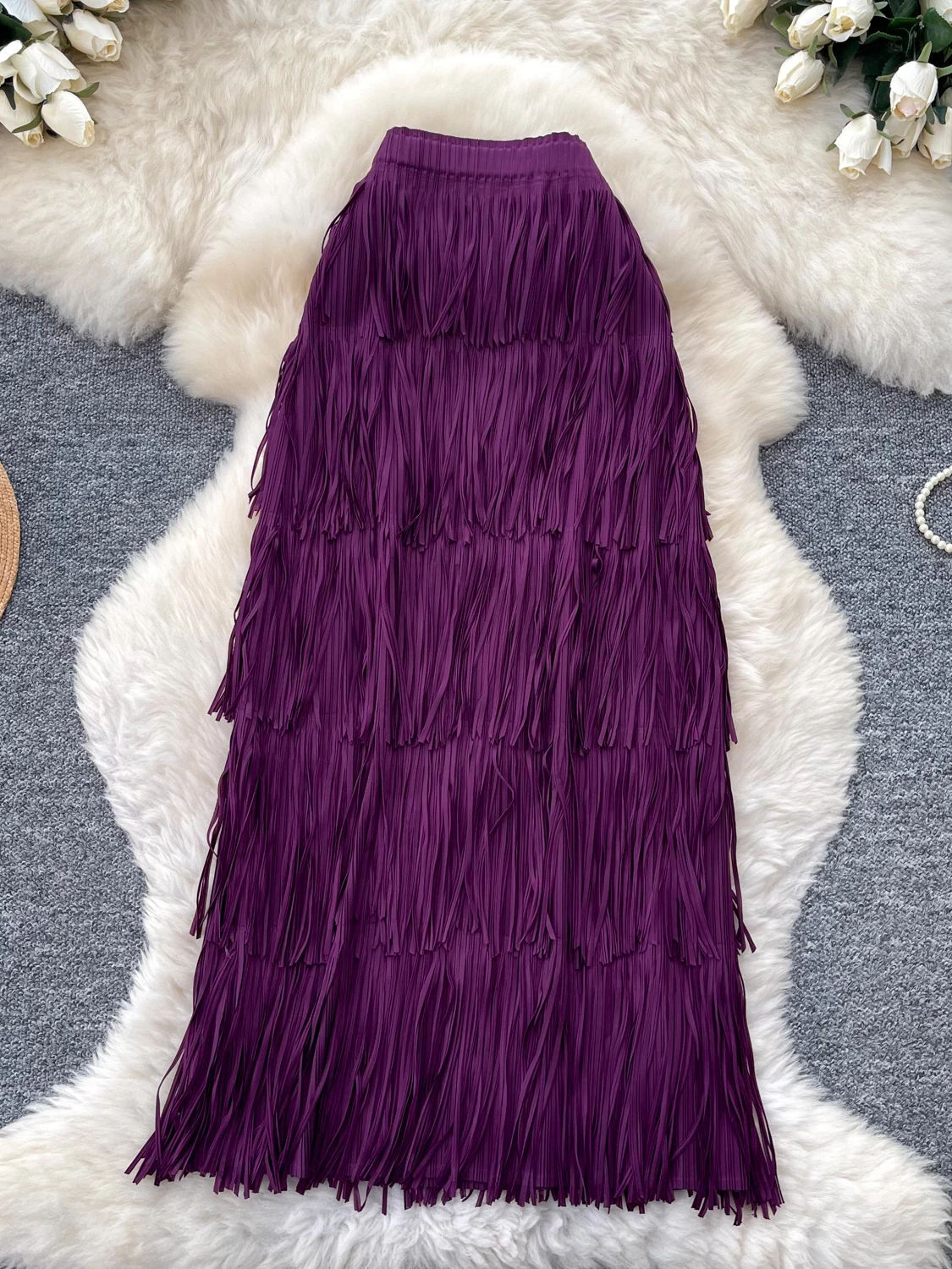 Retro Casual Tassel Trim High Waist A-Line Skirt Women Commute Slimming Cake Skirt  Design Premium Feeling