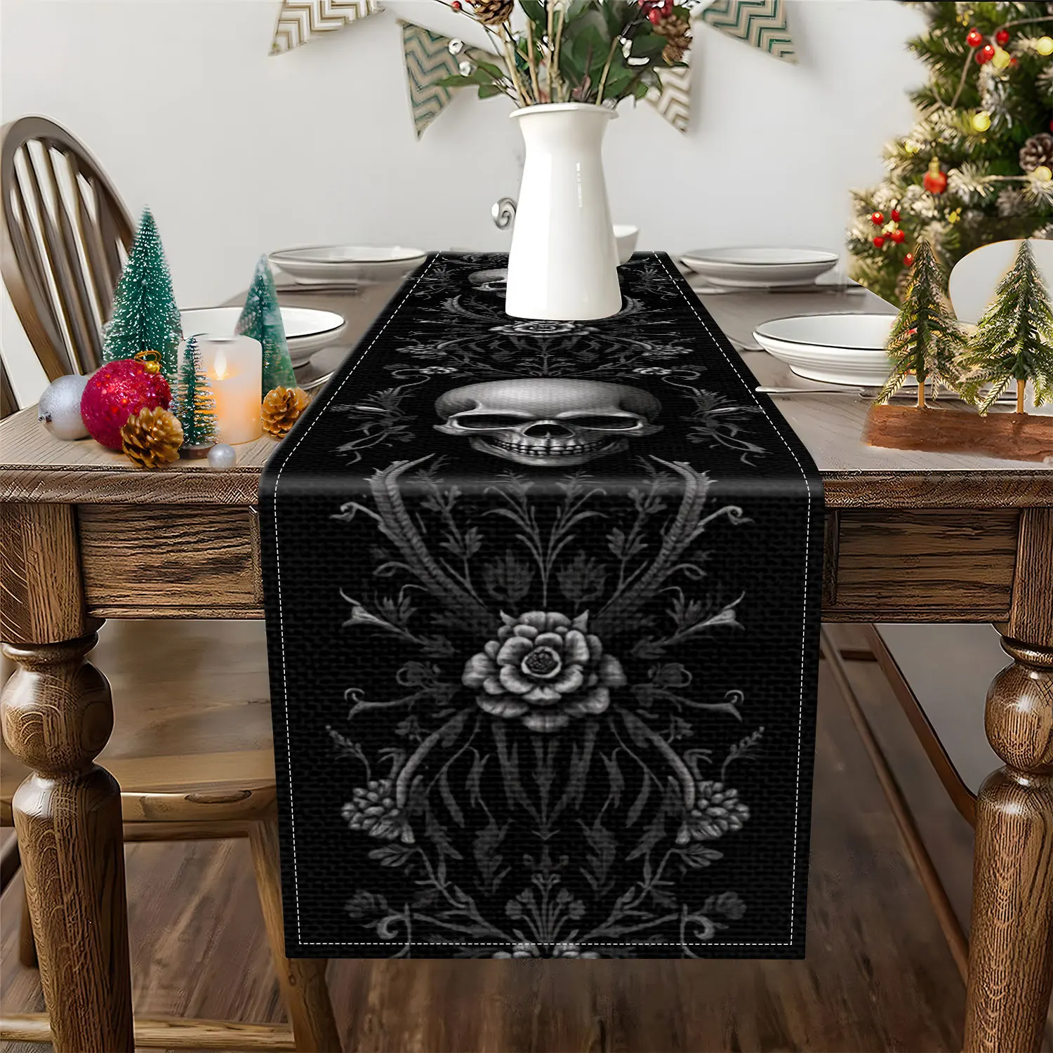 1 Piece Halloween-Themed Table Runner, Decorated with Skull, Floral, and Branch Patterns, Suitable for Halloween Party Decorations