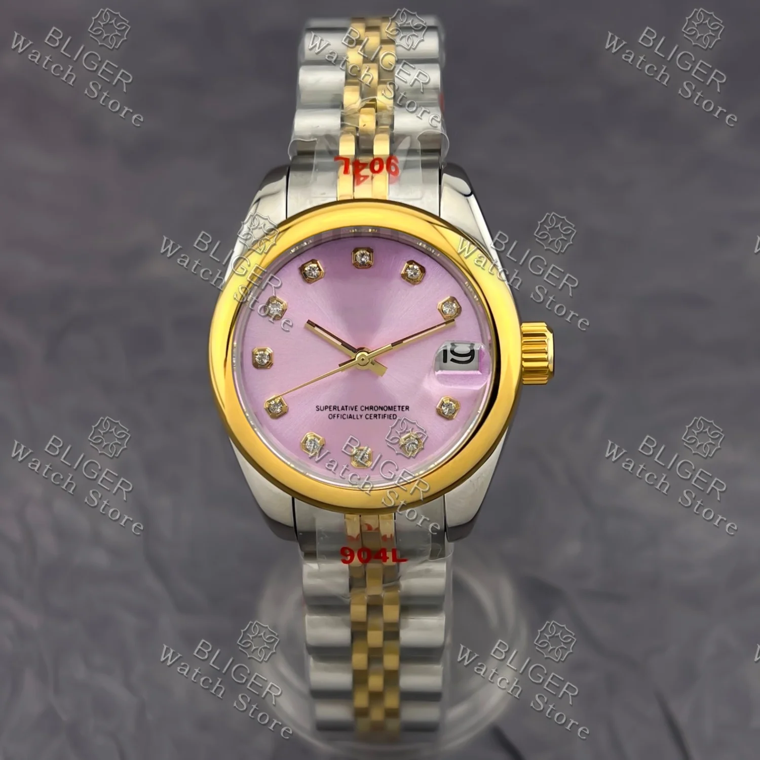 BLIGER 31mm Lady's Luxury NH15A Mechanical Automatic Diving Wristwatch Sapphire Glass Sunburst Pink Dial Tooth Bezel Women Watch