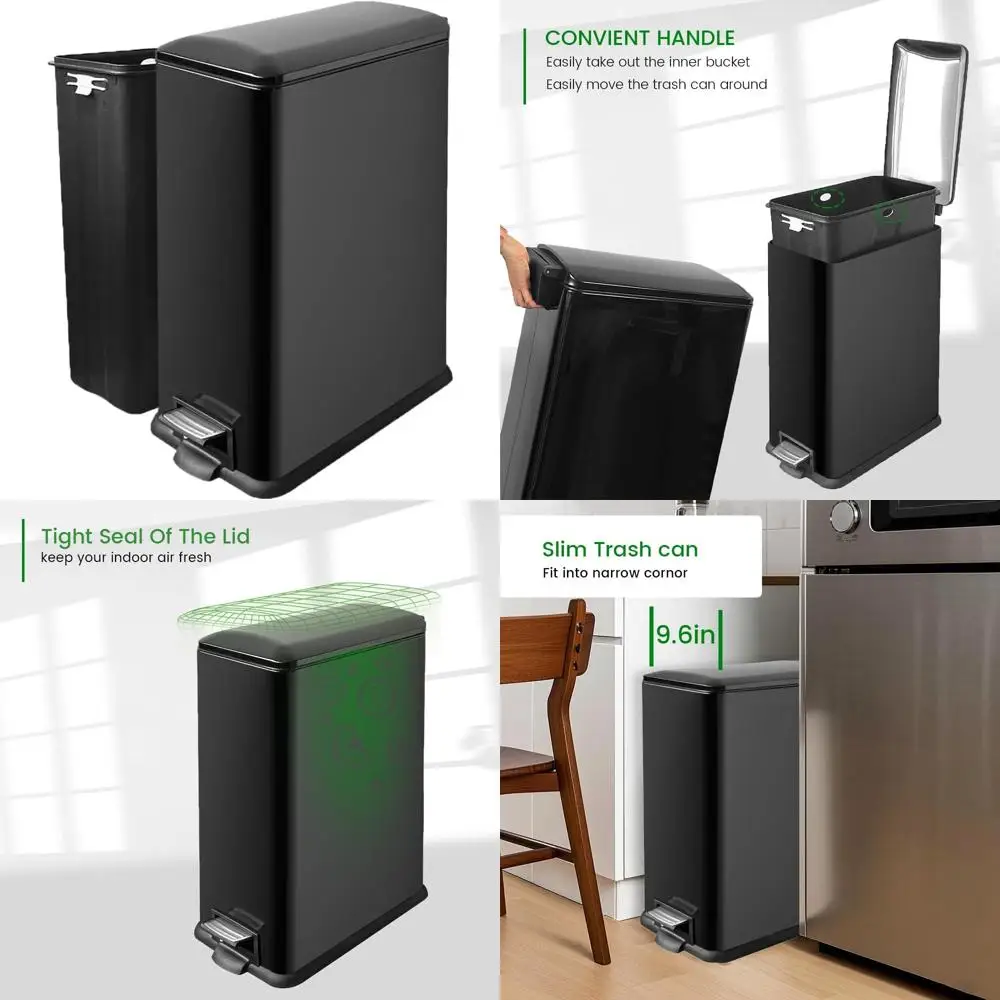 

Narrow Space-Friendly 45L Black Stainless Steel Kitchen Trash Can with Soft-Close Lid and Slim Design