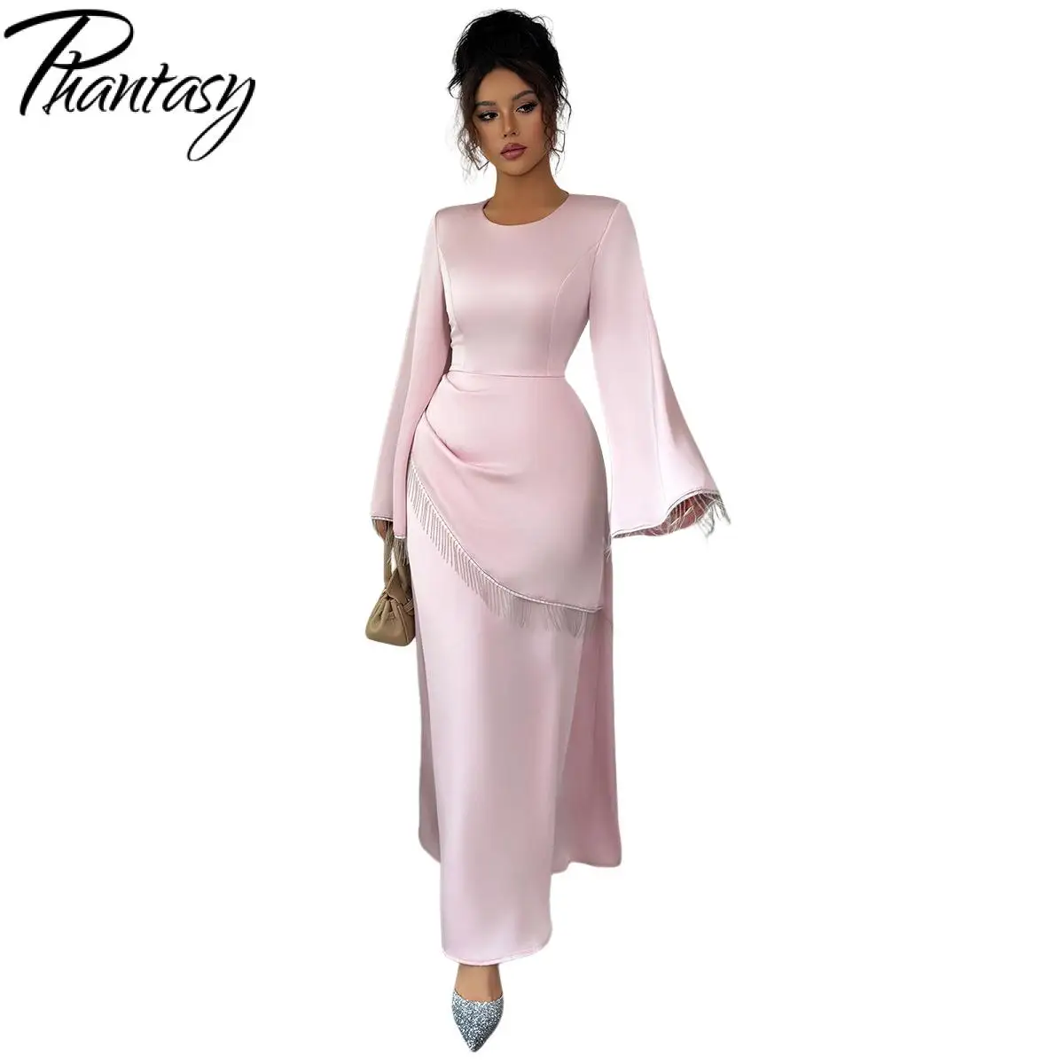 เดรสยาวแขนยาวสีชมพูสไตล์มินิมอลหรูหรา ดีไซน์พู่ห้อยสีพื้นใหม่จาก Phantasy เอวสูงลำลองสำหรับผู้หญิง ﻿