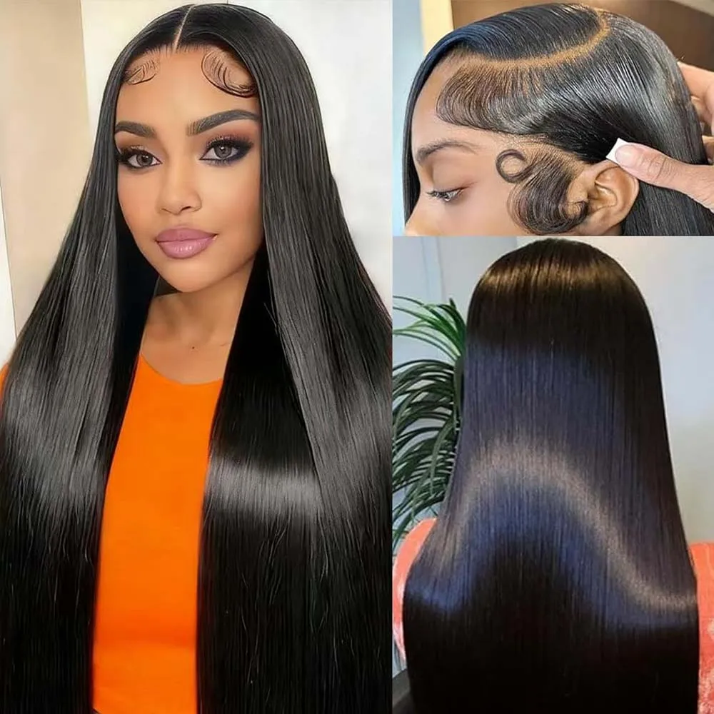 

16 42 Inch Straight Wigs Human Hair Real frontal Wig 250 Density Transparent Lace Front Wigs Human Hair Pre Plucked Tangle-Free