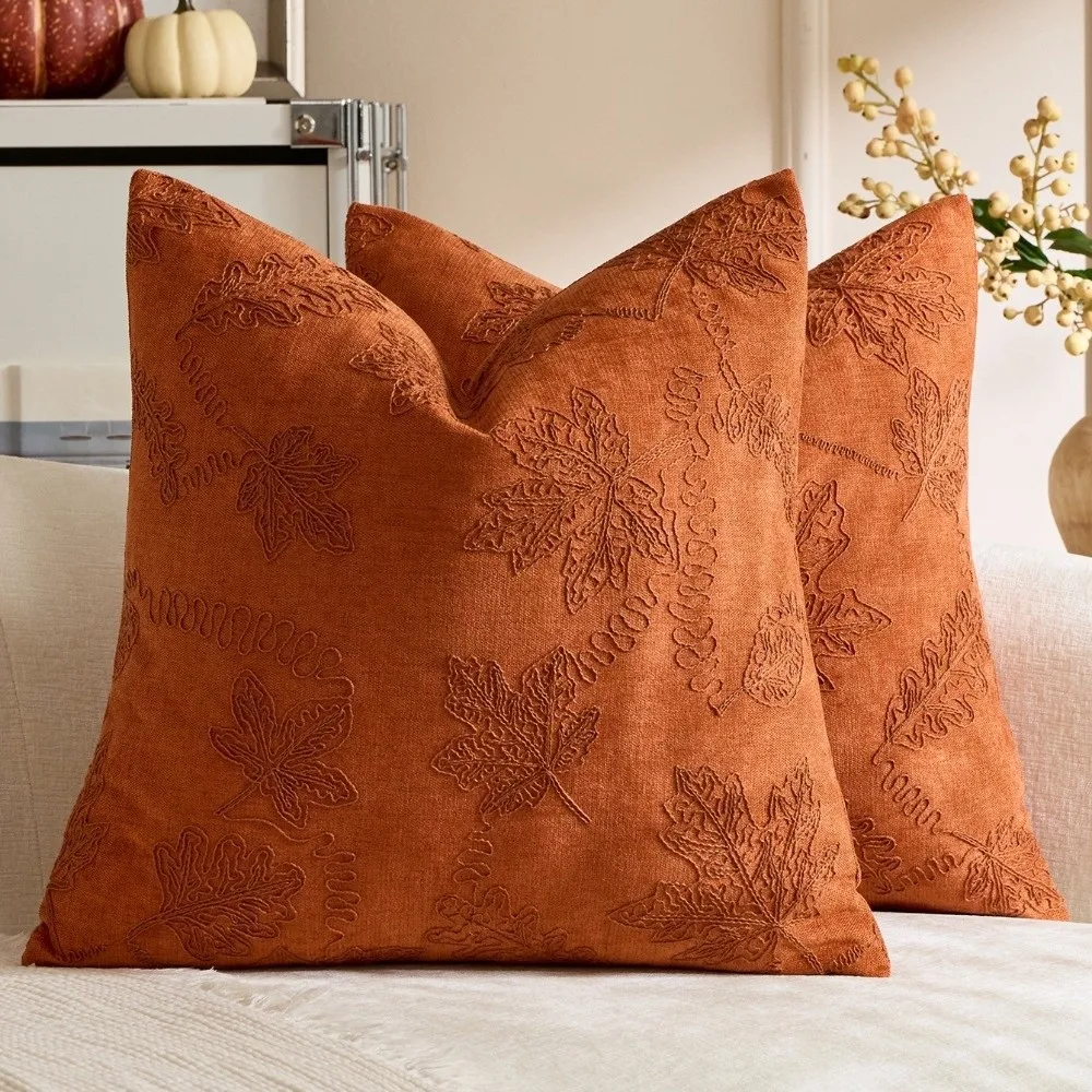 45*45CM Pumpkin Maple Leaf Pillowcases Soft String Embroidery Halloween Pillow Covers Sofa Decor Zippered Pillow Protectors