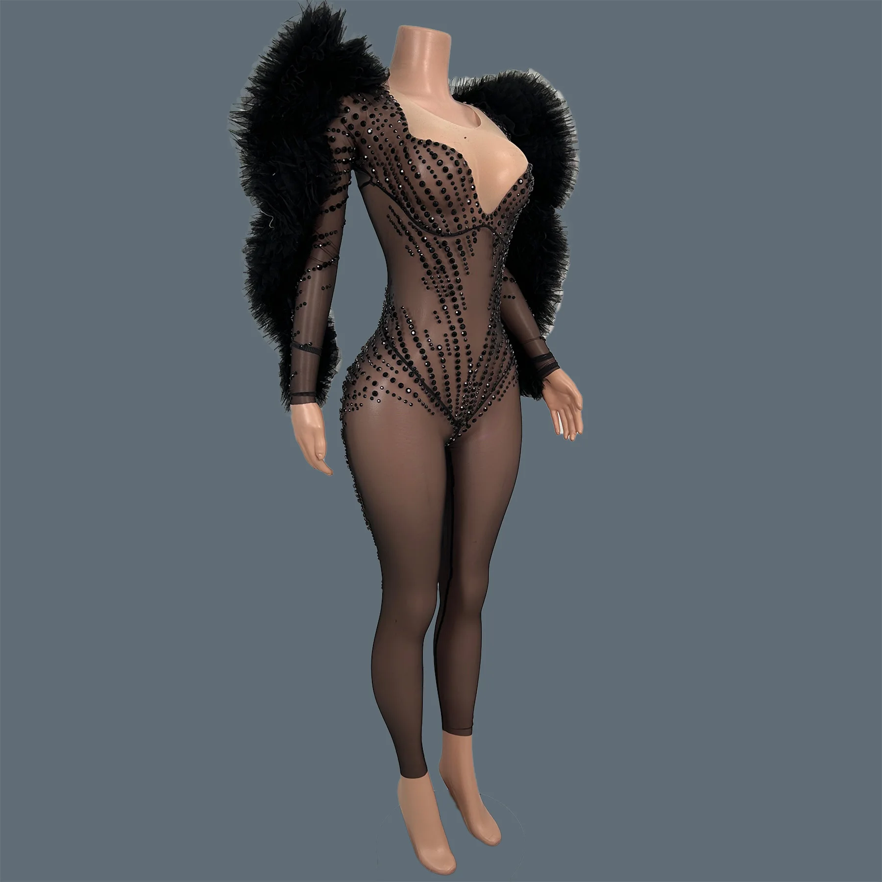 Sexy Women Samba Dance Wear Black Sparkly Rhinestone Transparent Mesh Outfit Party Tight Fitting Jumpsuit Sexy Pantyhose Heishan