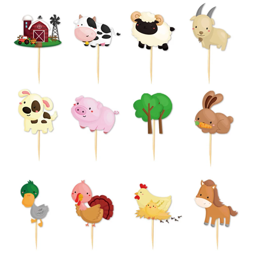 Topper de pastel de animales de granja, decoración de cupcakes de cumpleaños de vaca, oveja, cerdo, palillo de dientes, queso, fruta, bandera, suministros de fiesta de Baby Shower, 24 piezas