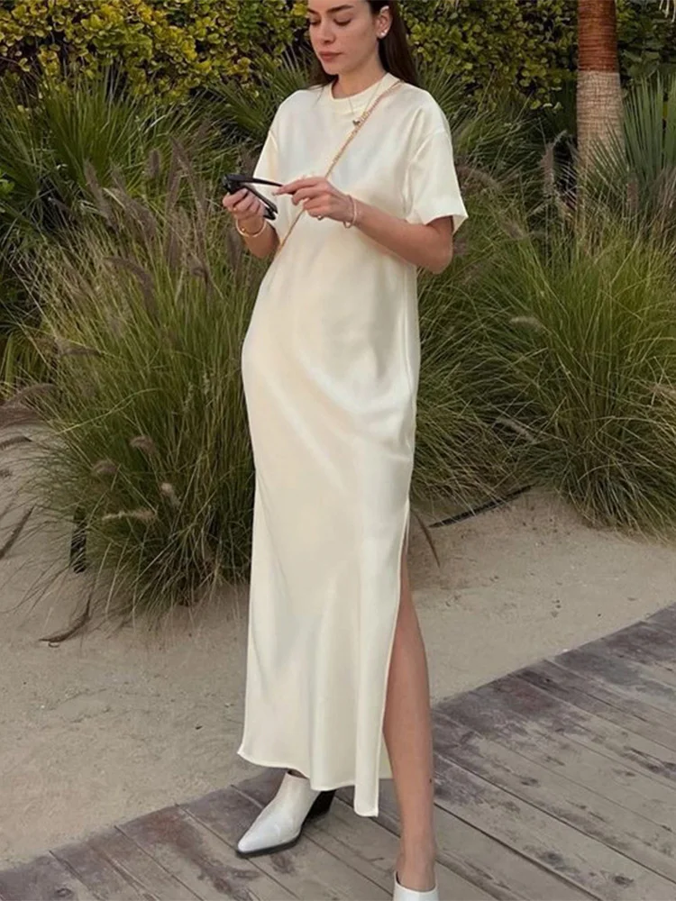 Trendix サイドスリットサテンドレス女性の夏のファッション半袖ハイウエスト A ラインドレスパーティーヴィンテージエレガントなイブニングドレス