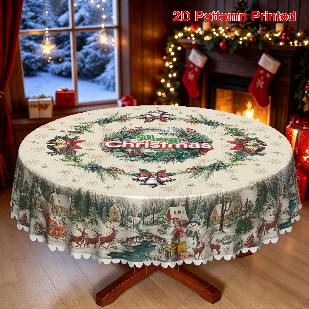 1 piece, Merry Christmas themed tablecloth, fairy tale style winter village snowman gift set with bridge and stream pattern