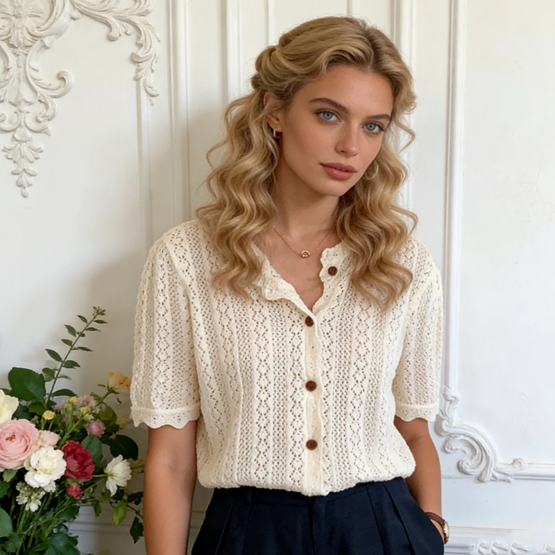 

Новая женская вязаная рубашка с коротким рукавом, летняя повседневная свободная блузка на пуговицах, однотонная, с вырезами, для офиса