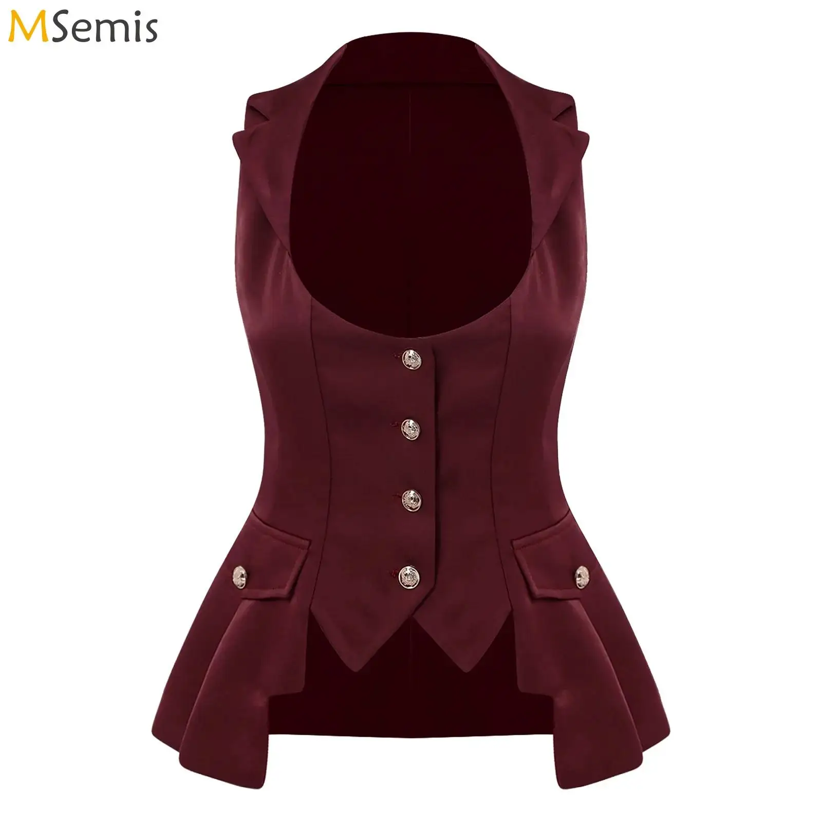 Gothic Steampunk Victorian Women Sleeveless Blazer Vest Lapel Collar Button Decor Fitted Peplum Waistcoat for Party Cosplay