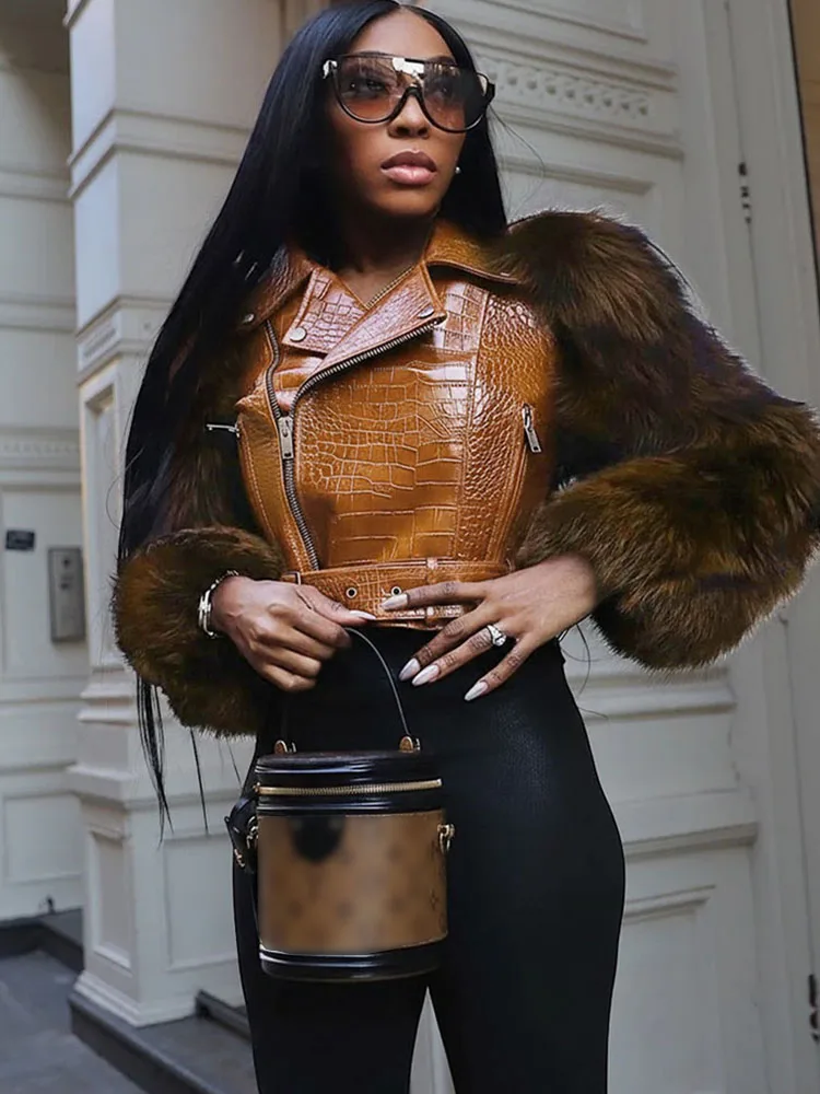 

BKQU Winter New Fur Leather Patchwork Jacket for Woman Motorcycle Lapel Zipper Belt Crop Coat Female High Street PU Outerwear