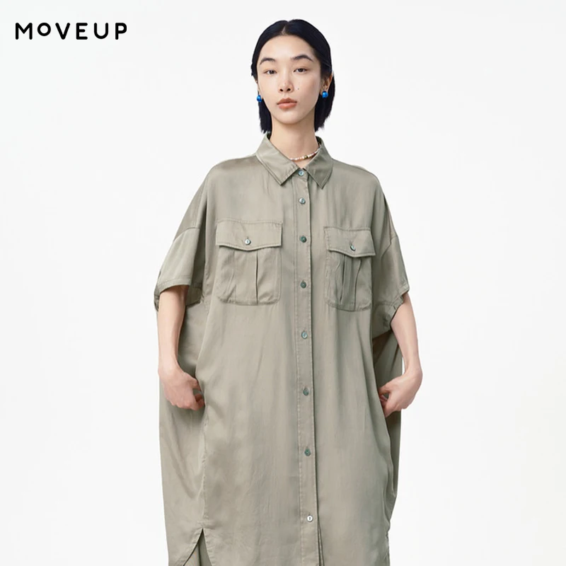 

MOVEUP Oversize Short Sleeved Shirt Dress 2026 Summer Curved Hem Pocket Office Lady Solid Casual Loose Straight Dress 125221364