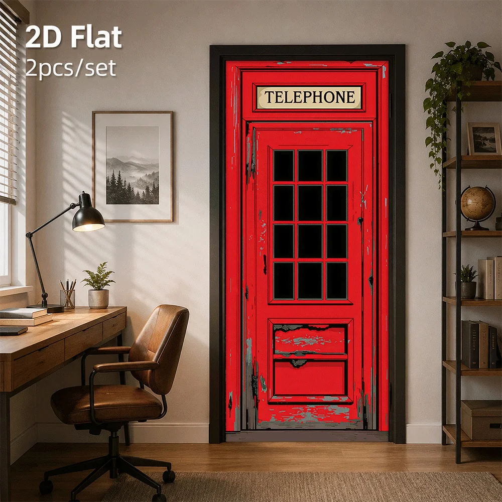 1 classic red British telephone booth door sticker, retro creative home decoration sticker, 2D flat