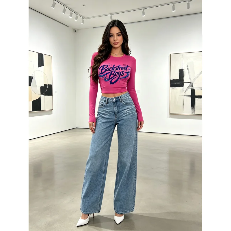 Women Long Sleeve Crop Top Graphic Band Print Tee Casual Streetwear Ladies Summer Breathable Comfy Fashion Shirt Outfit