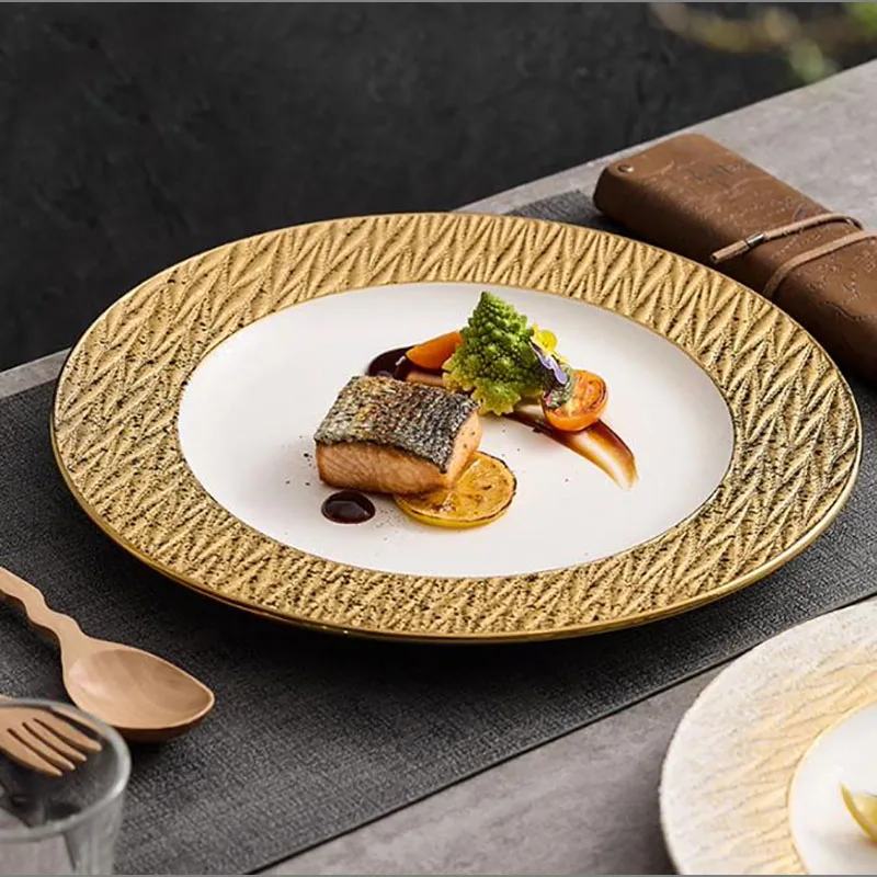 

12 Inches European Ceramic Western Steak Flat Plate Golden Breakfast Fruit Dessert Dishes Premium Dinner Plate Kitchen Tableware