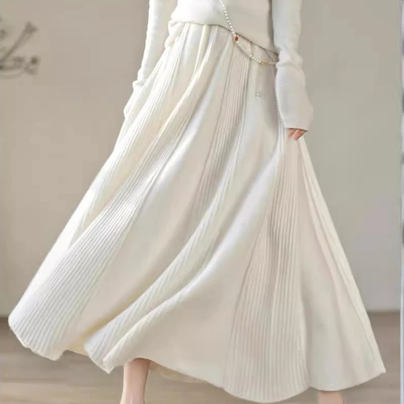 All-Match Solid A-Line Knitted Skirts Woman Autumn 2025 Winter Lose High Waist Midi Skirts for Women Casual Ribbed Dress Ladies