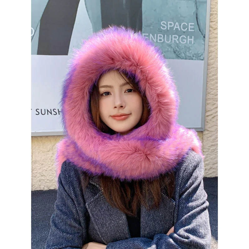 2026 Fashion Lady Real Fox Fur Hat Scarf Winter Warm Fluffy 100% Natural Fox Fur Hat Scarves Women Knitted Genuine Fur Cap Shawl