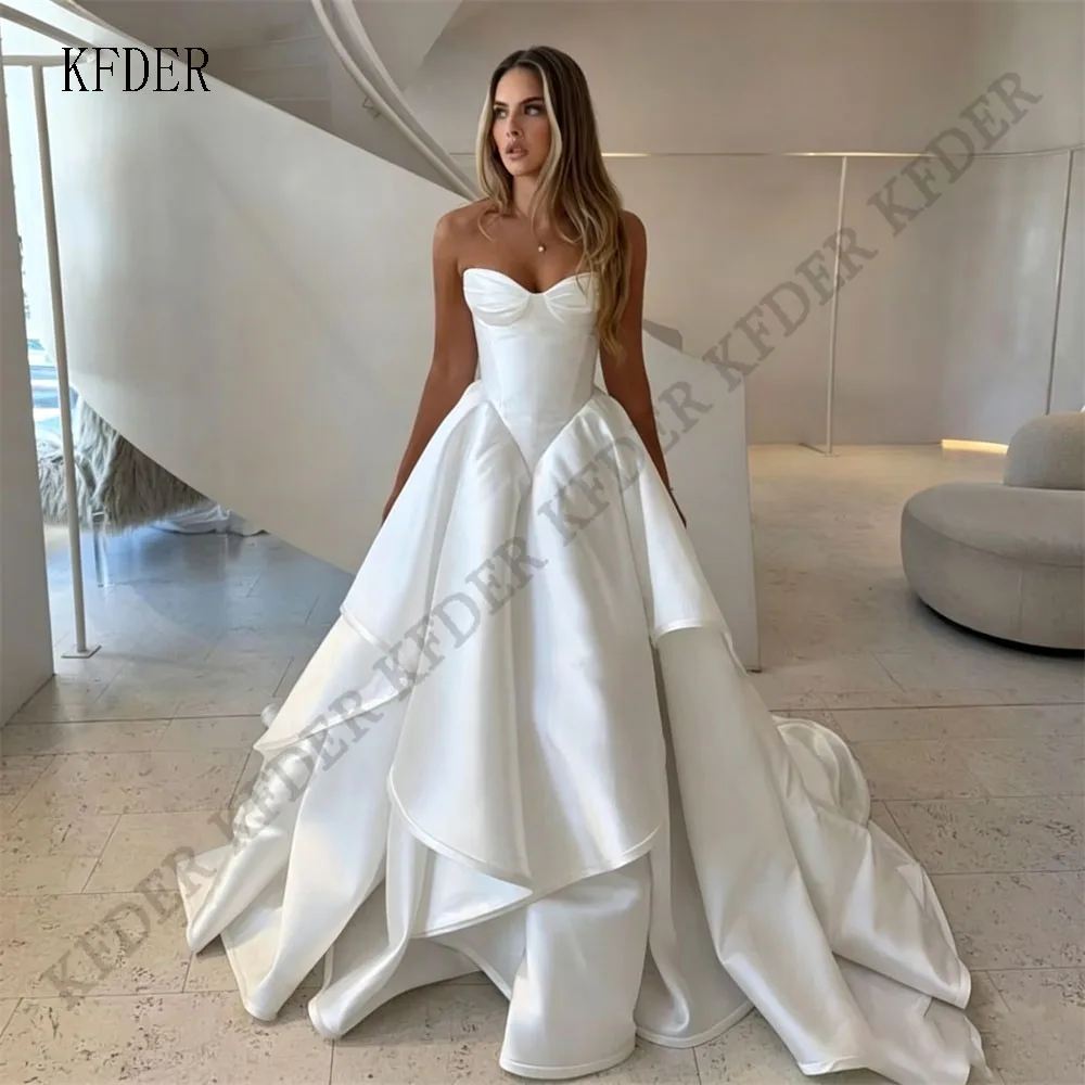 Church Simple A Line Wedding Gown For Women Sweetheart Pleats Customized Wedding Dress Long Tiered Reception Party Bride Dress