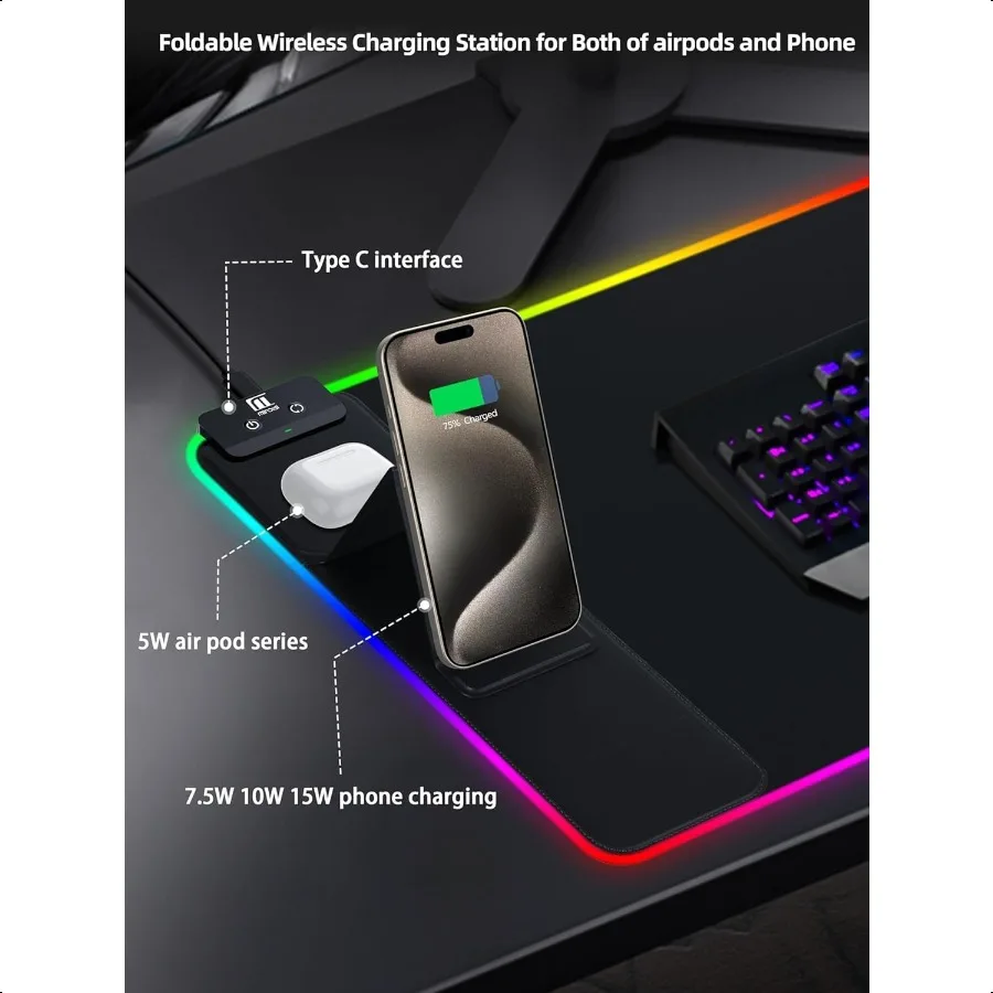 لوحة ماوس XXL مع حامل هاتف، حصيرة مكتب RGB سوداء مع شحن سريع 15 وات، لوحة ماوس ألعاب LED مع 11 لونًا فاتحًا مقاومة للماء N