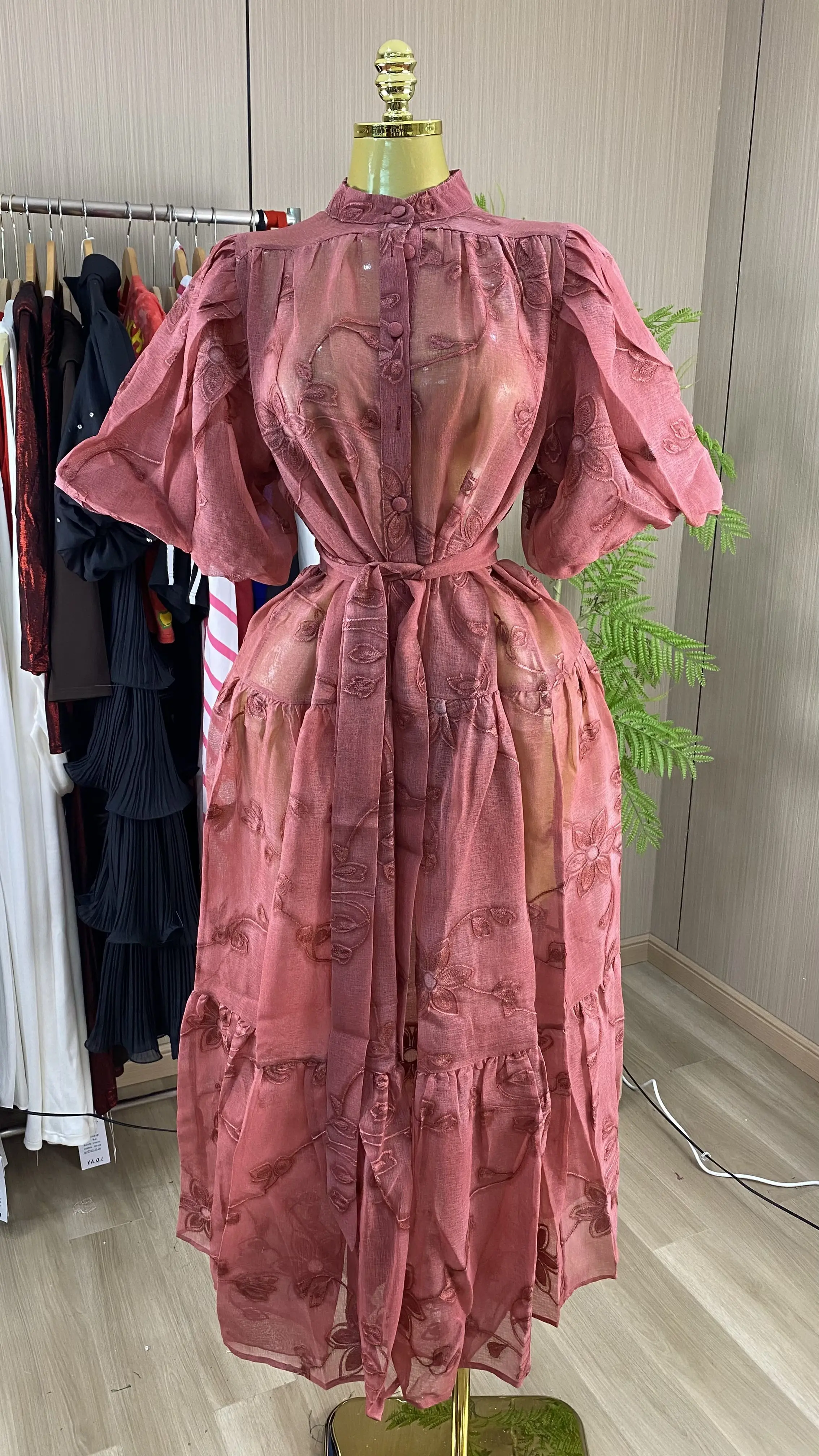 Women's Midi Dress: Lace-Paneled, Puff-Sleeve, Embroidered, Flared-Hem Style with Waist Tie  Sophisticated Chic-GZXX933
