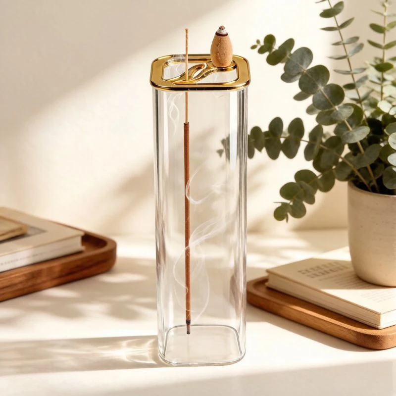 Metal Glass Dual Incense Burner for Stick & Cone Backflow, Office Yoga Meditation Aroma Holder with Ash Catcher - view 3