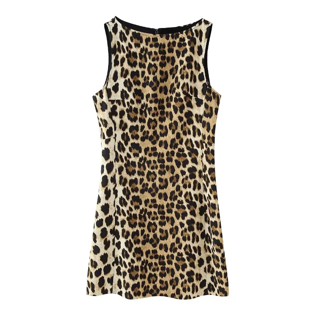 

Dress Women's Leopard Print Mini Sleeveless Short Skirt Women's Retro Party Dress Off-Shoulder 2024 Summer New Dress