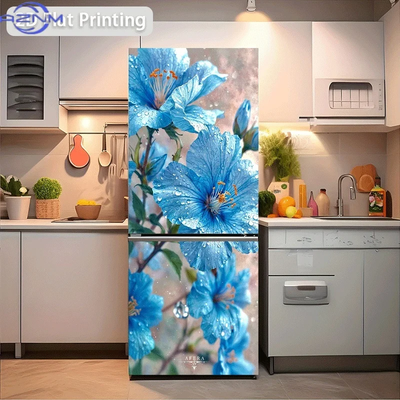 2D Printed 2D Graphic Design Refrigerator Sticker 60x180cm Blue Flowers with Water Droplets, Self-Adhesive Wall Decal Wallpape