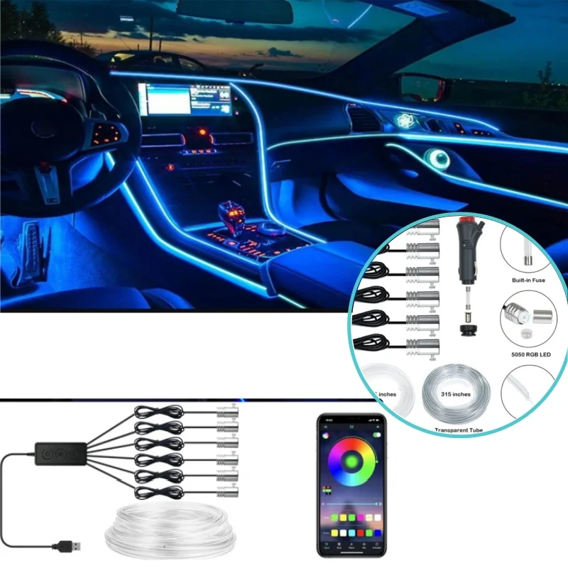 

Светодиодные ленты для салона автомобиля, гибкий EL-провод, RGB, неоновое окружающее освещение, управление через приложение, 12 В, декоративная лампа для автоматической атмосферы