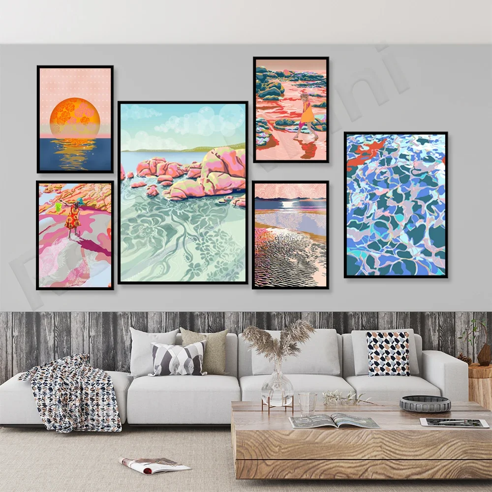 Bright pastel sunset beach poster with feminine whimsical aesthetic retro ocean, coast themed scenery, aesthetic room decor prin