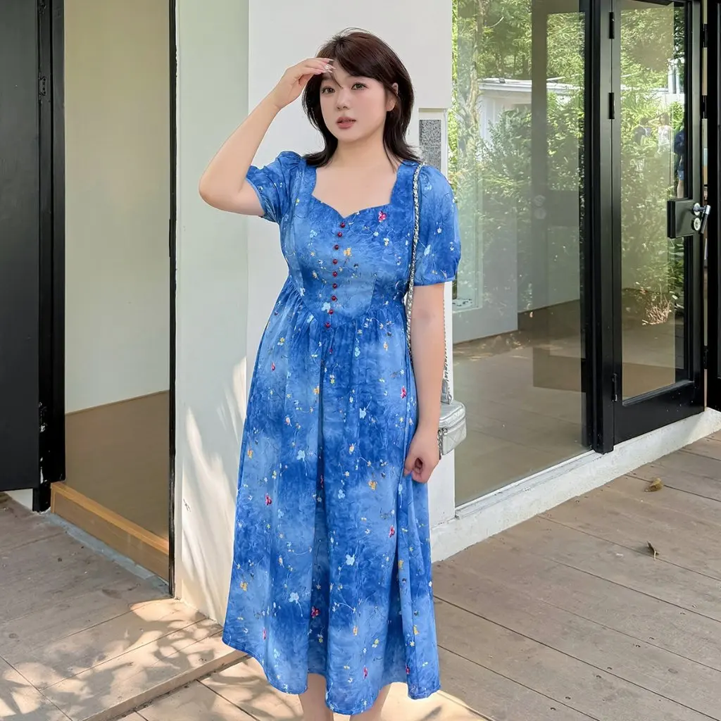 

Женское длинное платье ледникового синего цвета с квадратным вырезом больших размеров, летняя элегантная юбка K3061, элегантная юбка для полных девочек