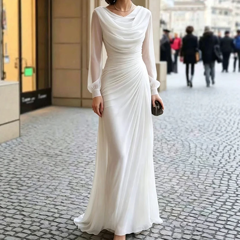 Simple Solid Color Long Sleeved Dress Elegant Swing Collar Slim Fit Banquet Evening Dress Ladies Temperament Pleated Waist Dress