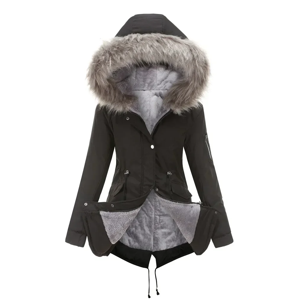 Dames Winter Warm Bont Capuchon Jas Parka Ritszakken Lange mouw Mode Casual Trekkoord Parka