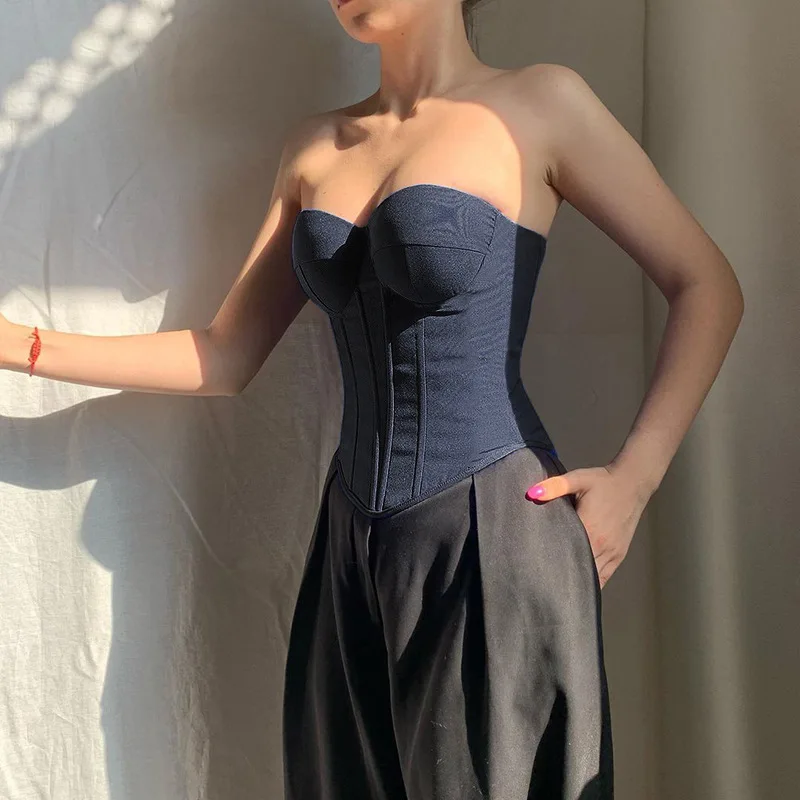 Harajuku Casual Female Imitation Cowboy Vest 2024 New Fashion Wrapped Chest Backless Strap Waist Solid Color Fishbone Tops Femal