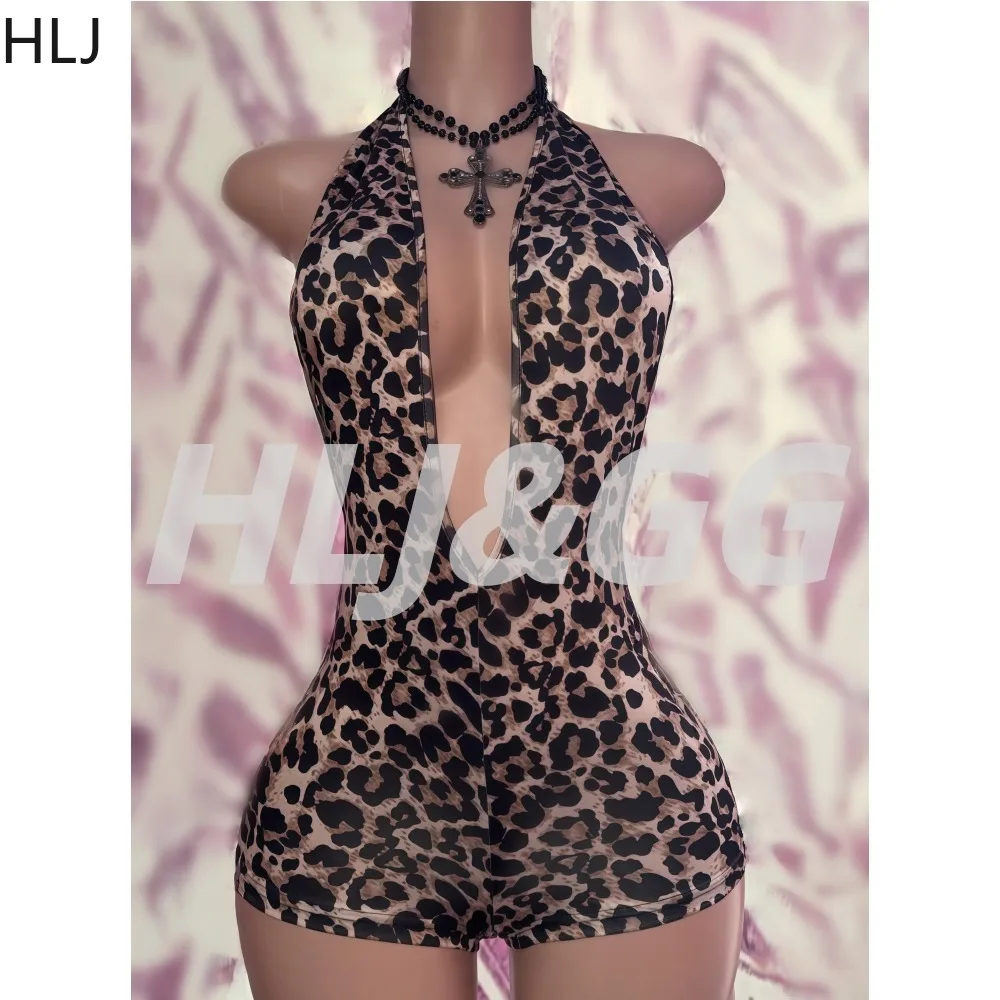 

HLJ Sexy Leopard Print Bodycon One Piece Rompers for Women Halter Deep V-neck Backless Jumpsuits Summer New Streetwear Overalls