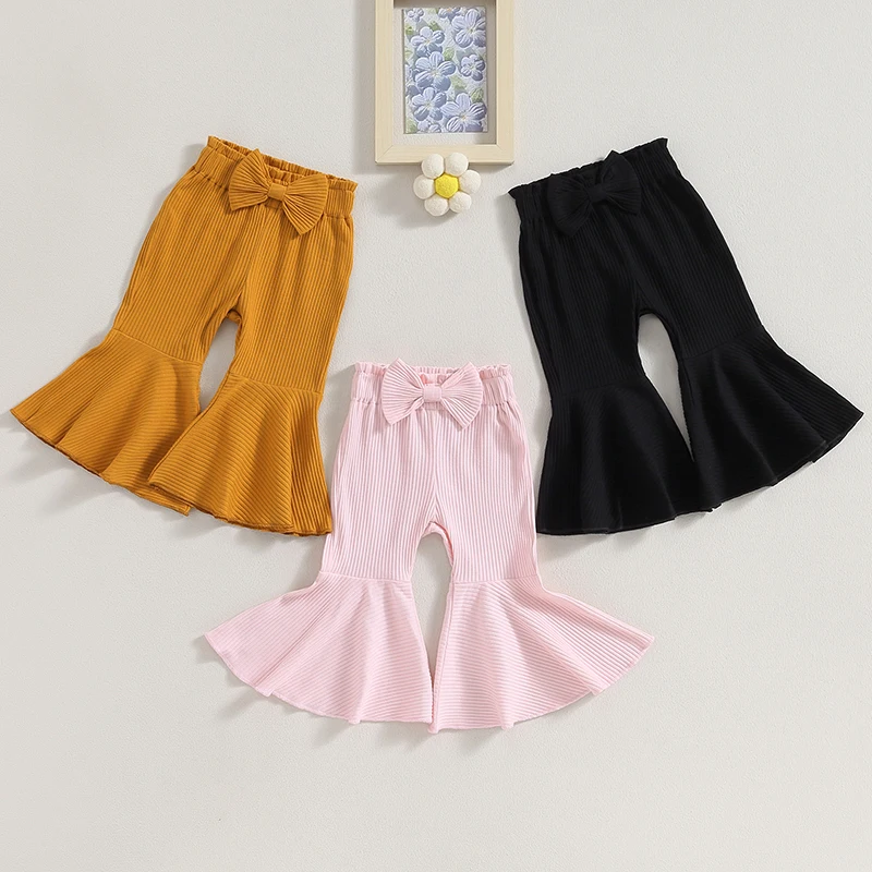 Toddler Baby Girls Flare Pants 3-Pack Coton Soft Ribbed Bell Bottoms Girls Bowknot Elastic Waist Trousers