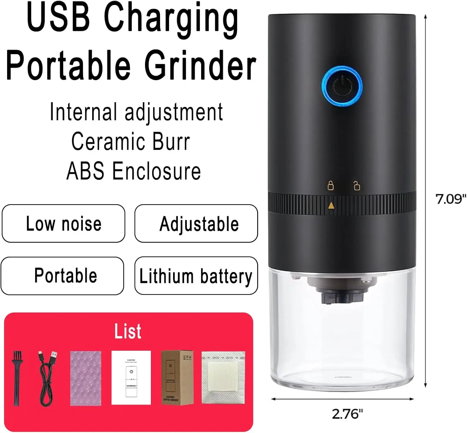 Portable Electric Burr Coffee Grinder, 1500mAh USB Rechar  able with Ceramic Burr & 10 Filters, for Espresso, French Pre