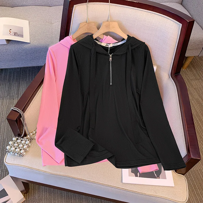 

150Kg Plus Size Women's Bust 138 Hooded Long sleeved T-shirt Spring/Summer Ice Silk Thin Top Black Pink 4XL 5XL 6XL 7XL 8XL