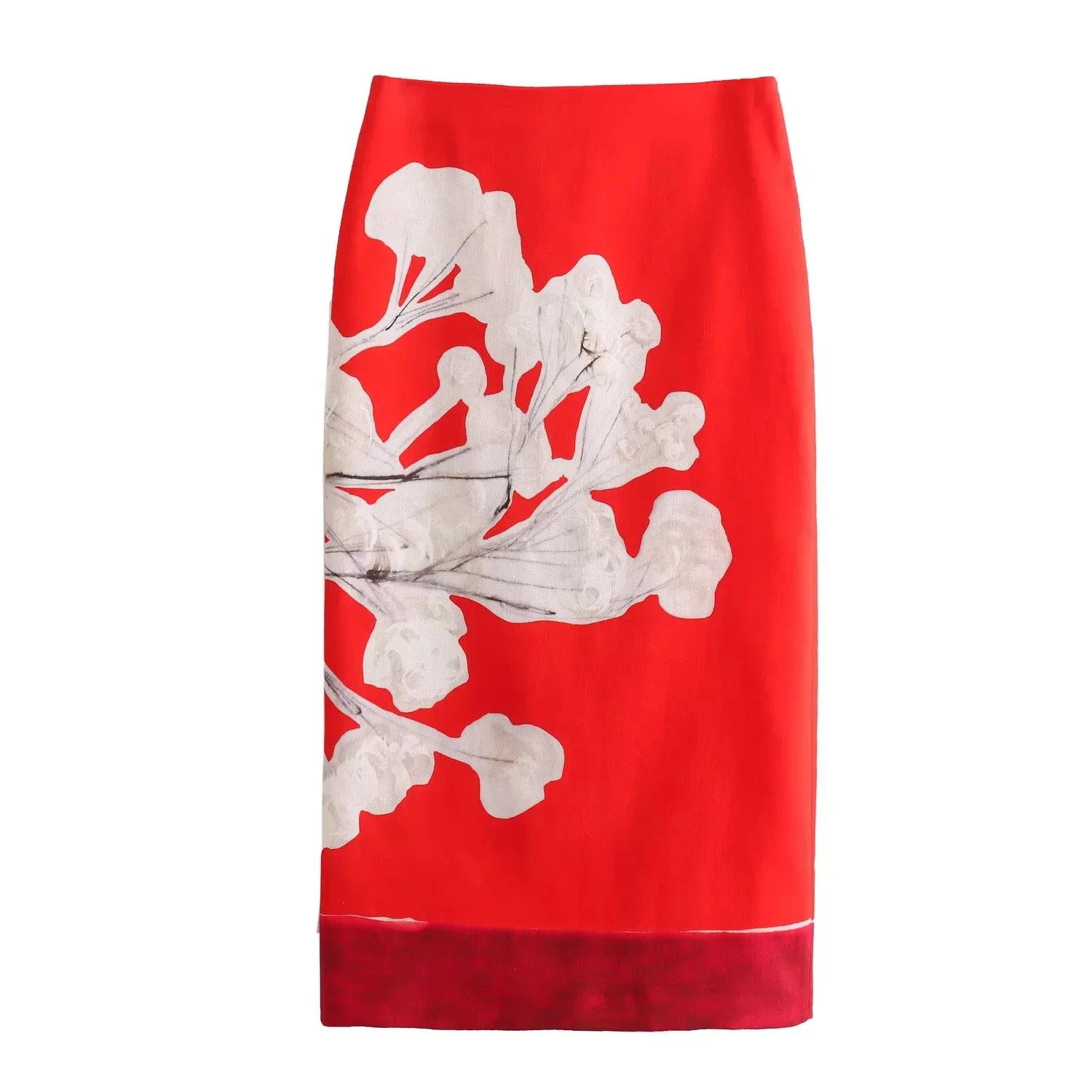 KAOPU ZA Women Elegant Red Skirts Side Zipper Back Slit Straight Skirts Women Linen Printed Blended Straight Skirt Half skirt