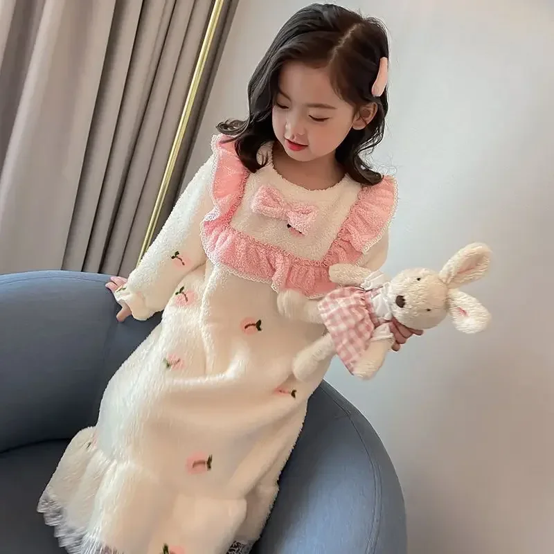 

Kids Clothing Baby Girls Night Skirt Princess Winte Autumn New 2024 Thicken Flannel Household Apparel Solid Color Lace Bowknot