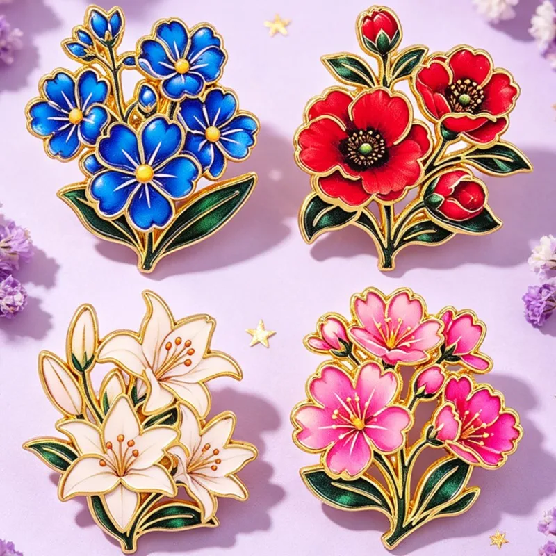 Cute Vintage Colorful Floral Enamel Pin Lily Cherry Poppy Blue Flower Leaf Brooch Backpack Hat Clothes Plant Lovers Daily Gifts view 5