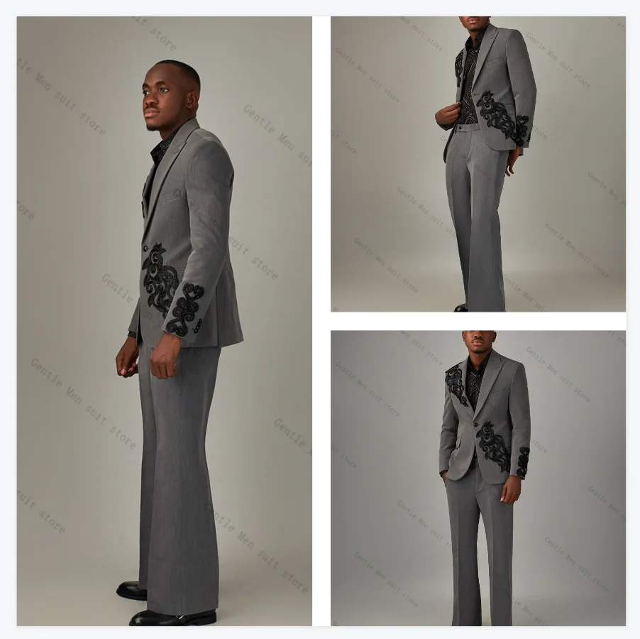 

Grey Men Suit Set 2 Pcs Blazer+Pants Trousers Luxury Appliqued Groom Wedding Tuxedo Formal Office Jacket Prom Coat Customized