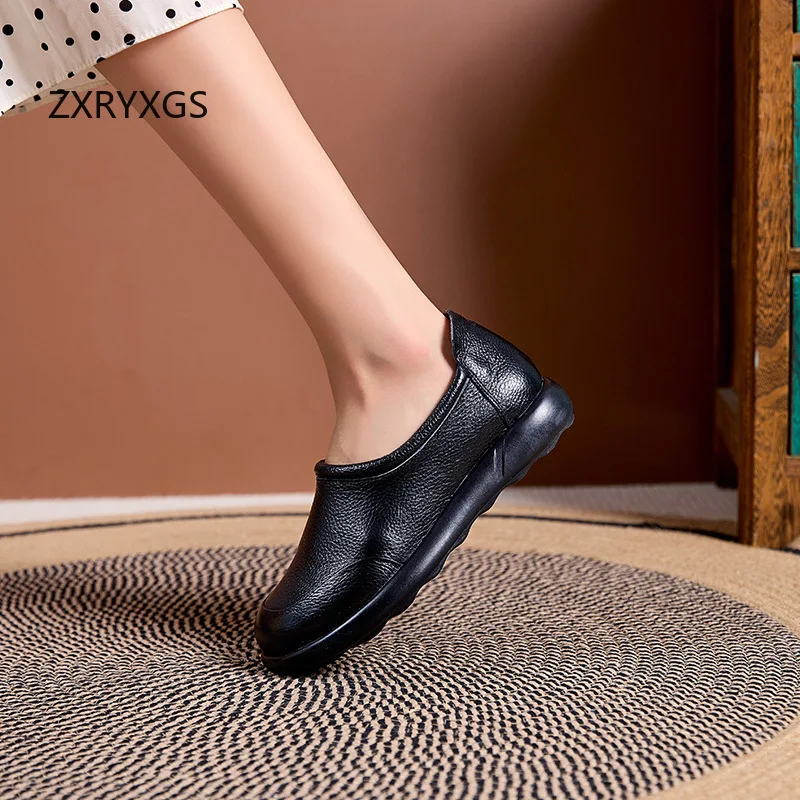 ZXRYXGS 2024 Autumn Round Toe Genuine Leather Shoes Flats Comfortable Soft Sole Anti Slip Wear-resistant Flat Shoes Woman New