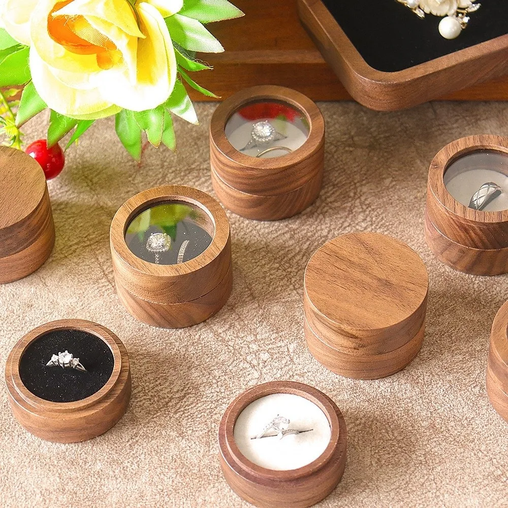 1/2 Slots Walnut Wood Rings Holder Luxury Round Rings Display Case Wedding Anti-collision Transparent Lid Rings Box